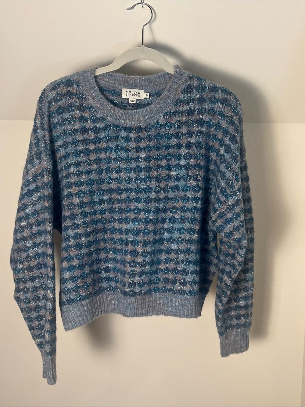 Molly Bracken Blue and Teal Patterned Crewneck Sweater